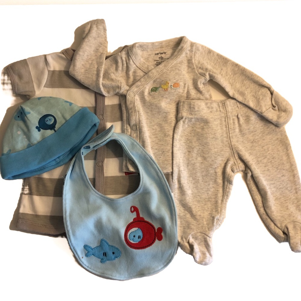 Carters new born pjs bib hat romper grey and blue